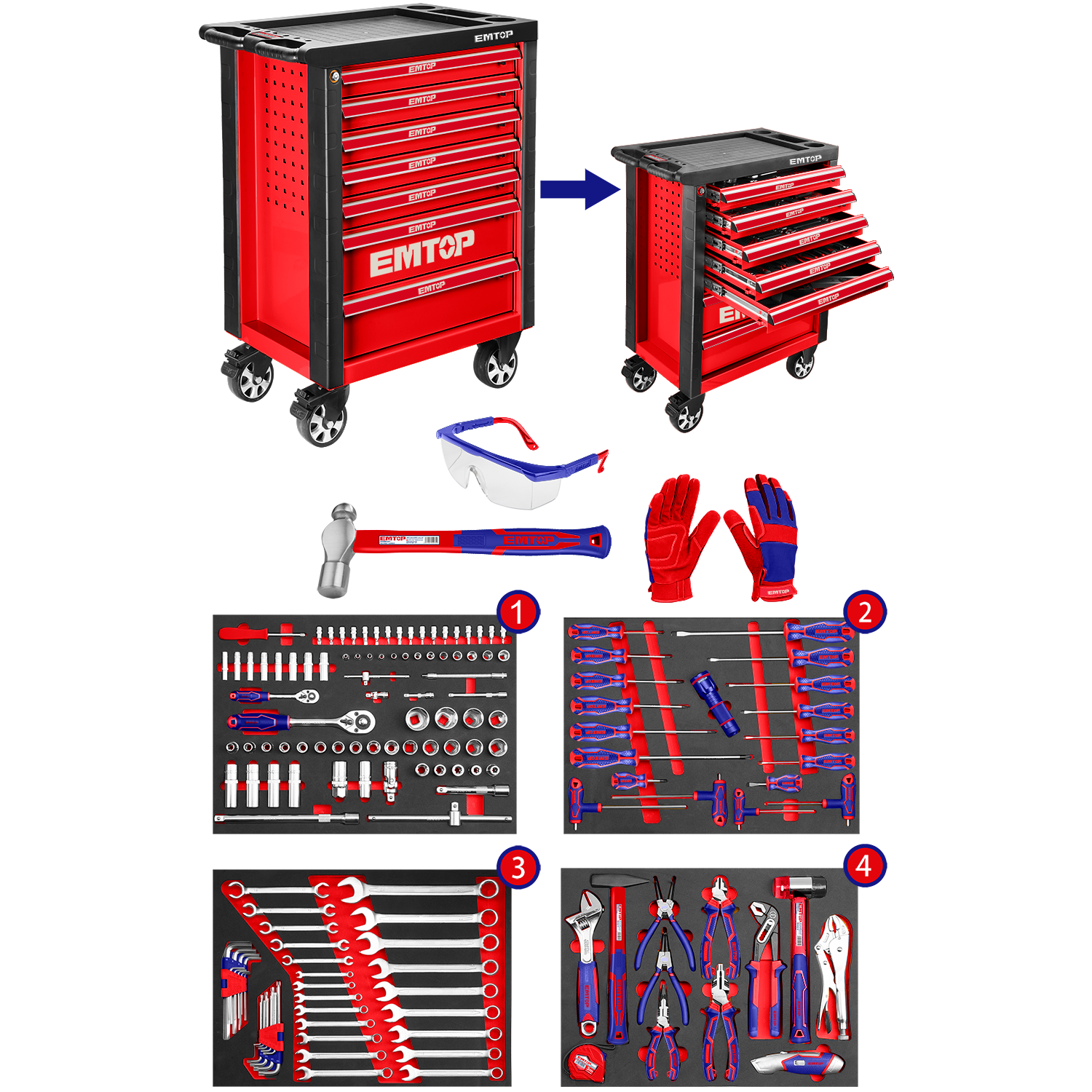 Carro de herramientas con ruedas 163 piezas INDUSTRIAL Emtop EHTS01631