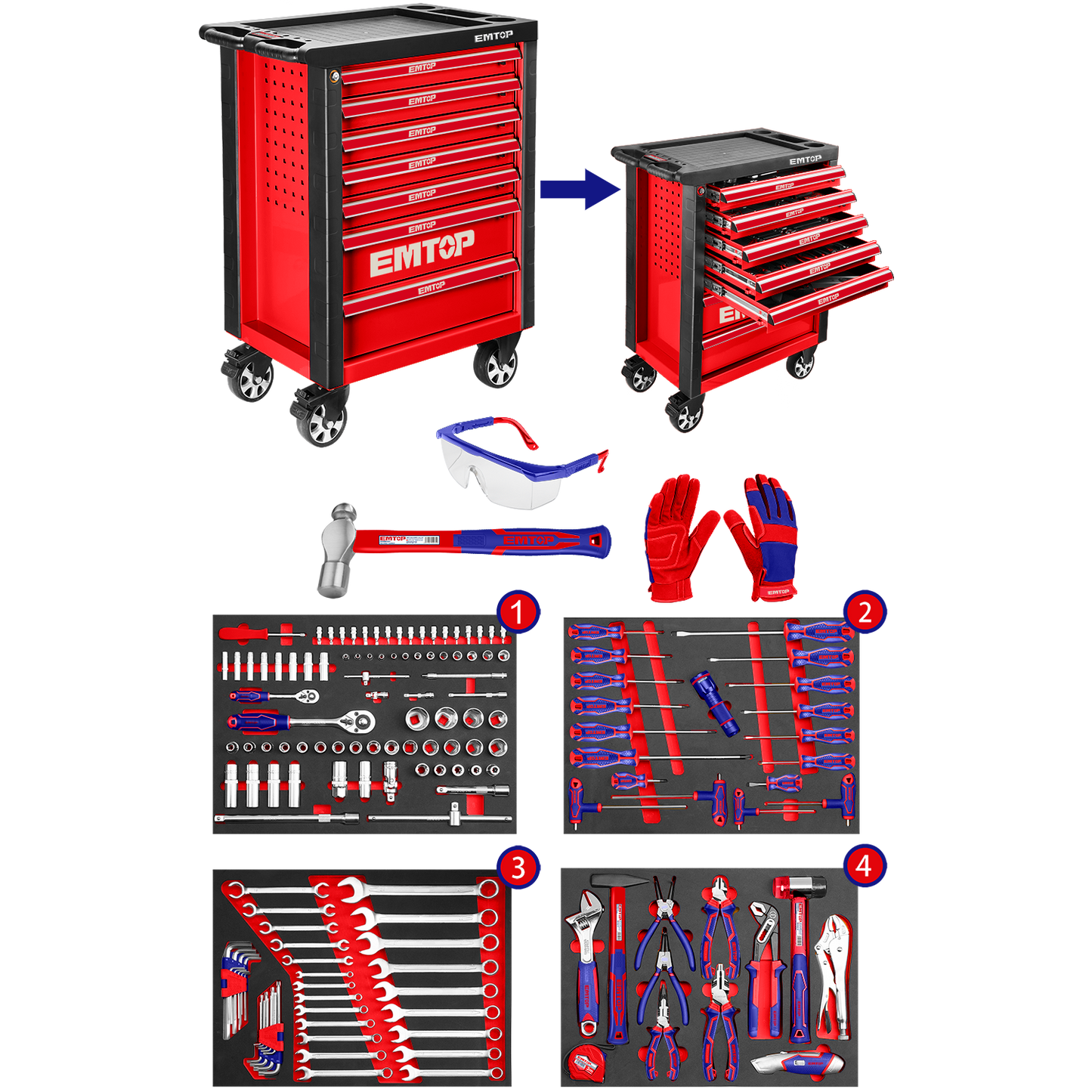 Carro de herramientas con ruedas 163 piezas INDUSTRIAL Emtop EHTS01631