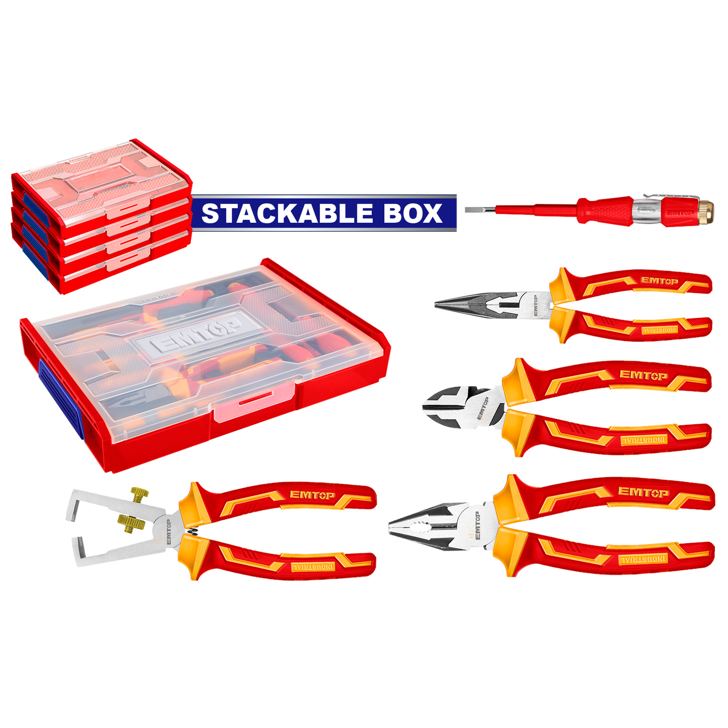 Set de 5 herramientas: alicate universal, de corte diagonal, de punta larga, pelacables y probador de voltaje, incluye estuche – EMTOP EHTSV01P05