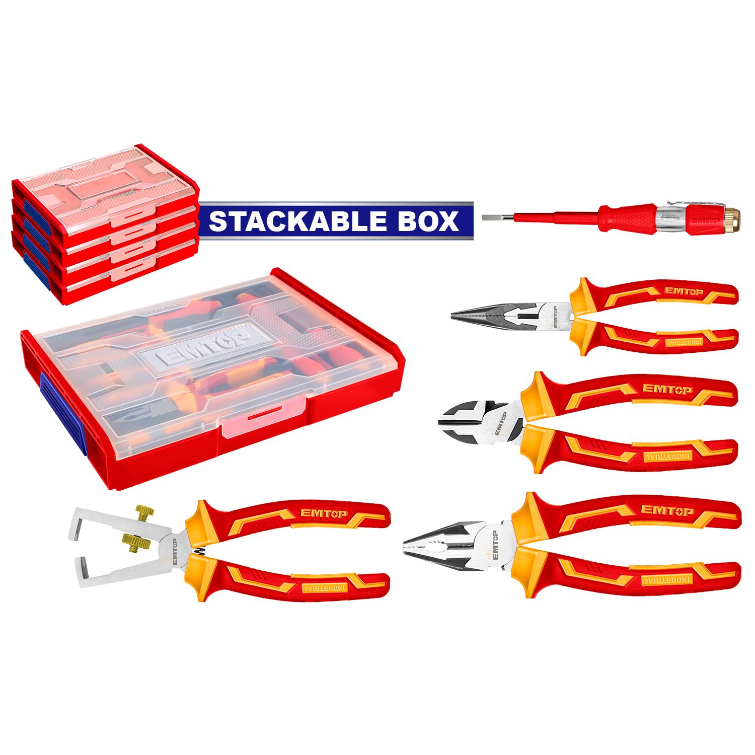 Set de 5 herramientas: alicate universal, de corte diagonal, de punta larga, pelacables y probador de voltaje, incluye estuche – EMTOP EHTSV01P05
