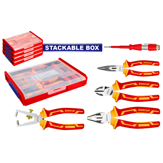Set de 5 herramientas: alicate universal, de corte diagonal, de punta larga, pelacables y probador de voltaje, incluye estuche – EMTOP EHTSV01P05