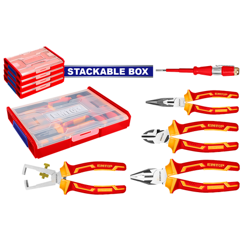 Set de 5 herramientas: alicate universal, de corte diagonal, de punta larga, pelacables y probador de voltaje, incluye estuche – EMTOP EHTSV01P05