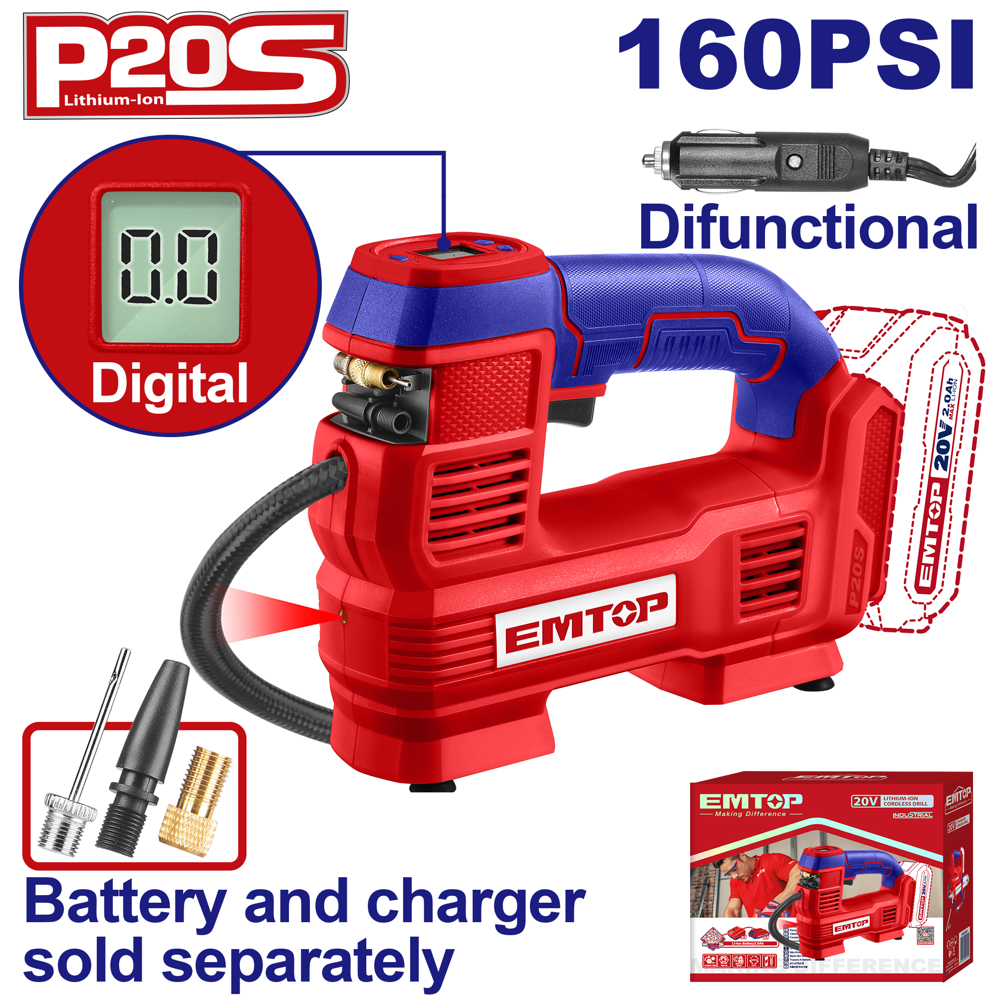 Compresor de aire inalámbrico 20V 160psi Emtop ELAC2012