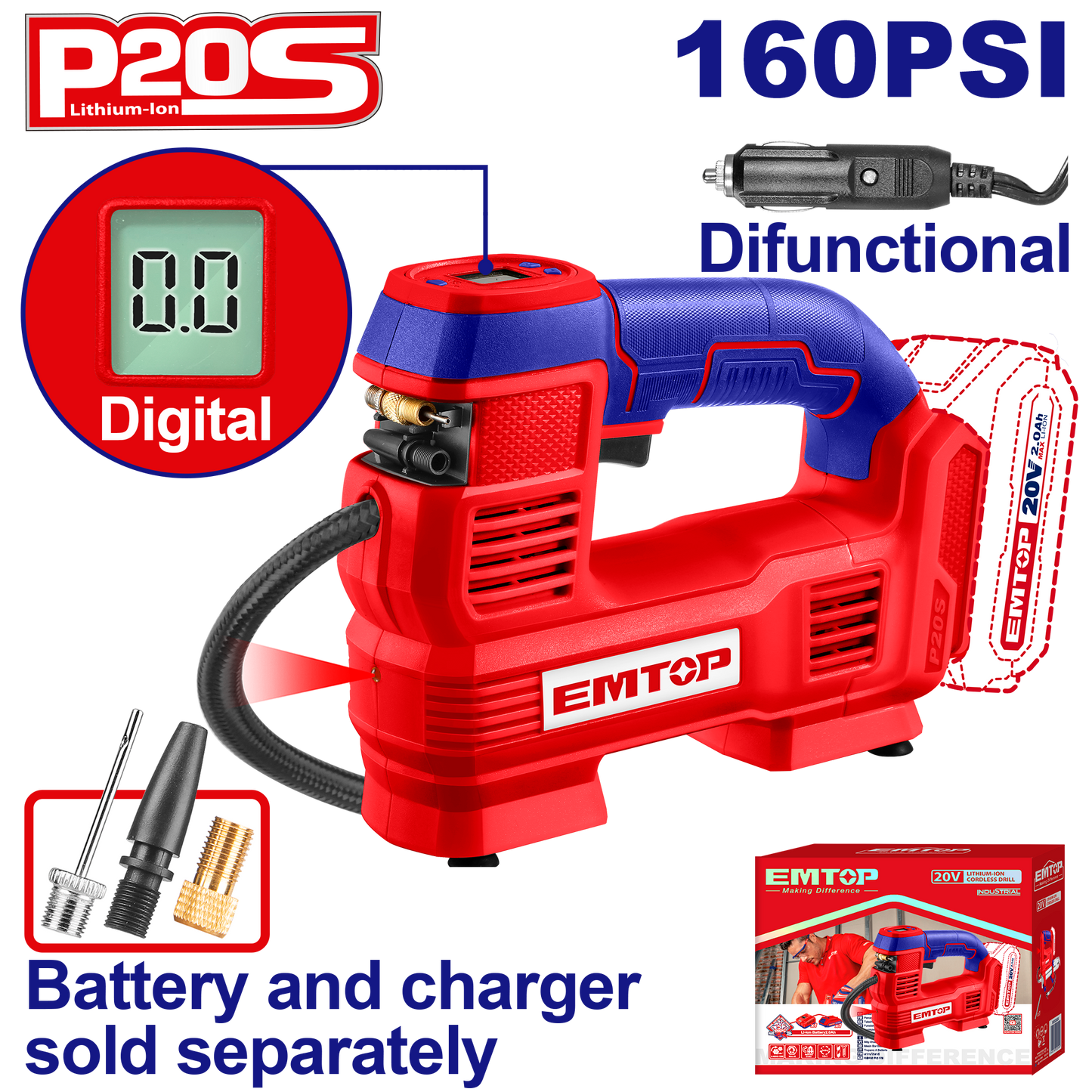 Compresor de aire inalámbrico 20V 160psi Emtop ELAC2012