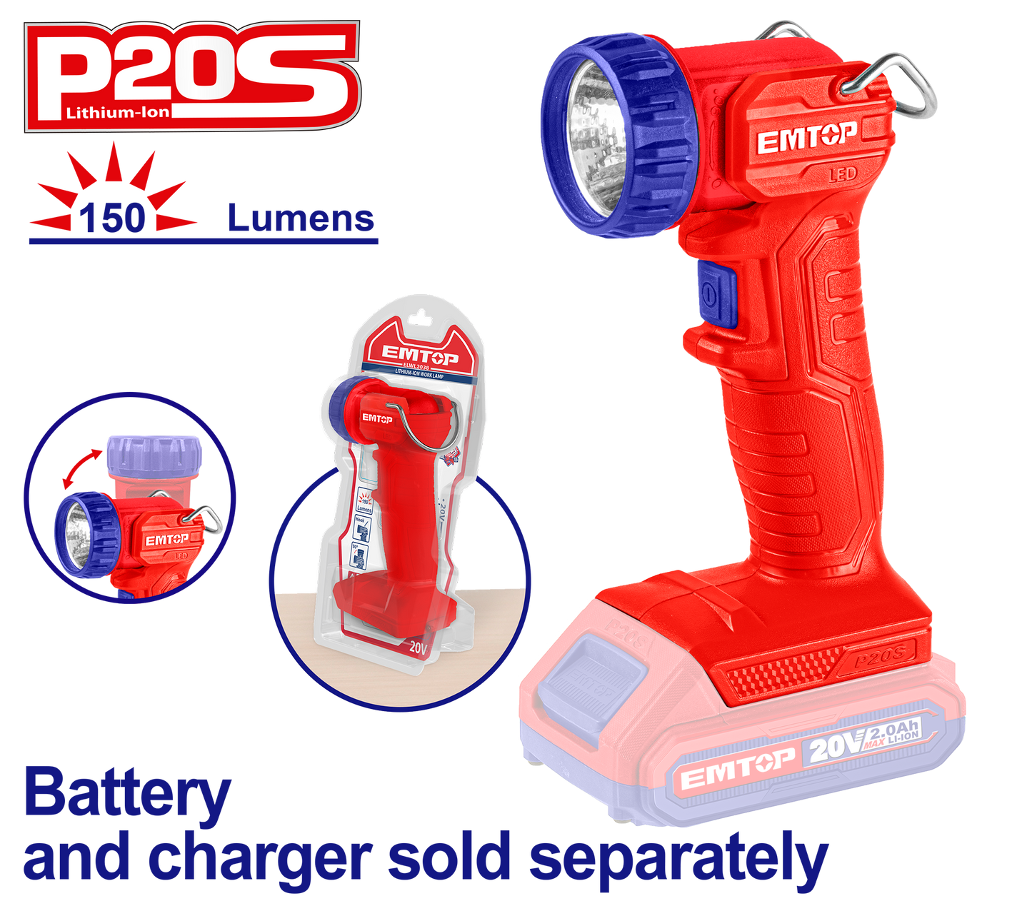 Lámpara de trabajo con luz LED Emtop ELFL2001 de 20V, 1.5W, 150 lumens