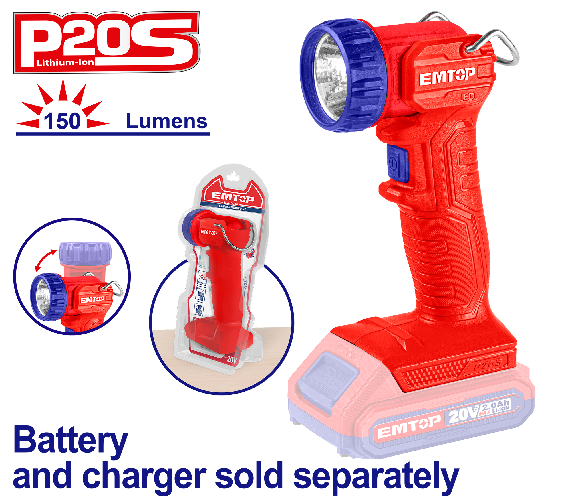 Lámpara de trabajo con luz LED Emtop ELFL2001 de 20V, 1.5W, 150 lumens