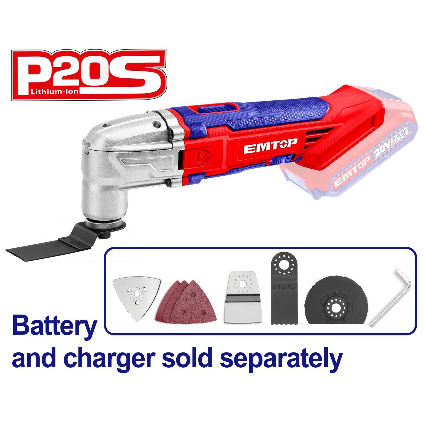 Multiherramienta inalámbrica 20V con accesorios, para trabajos de corte, pulido, lijado, raspado - EMTOP ELMF2001