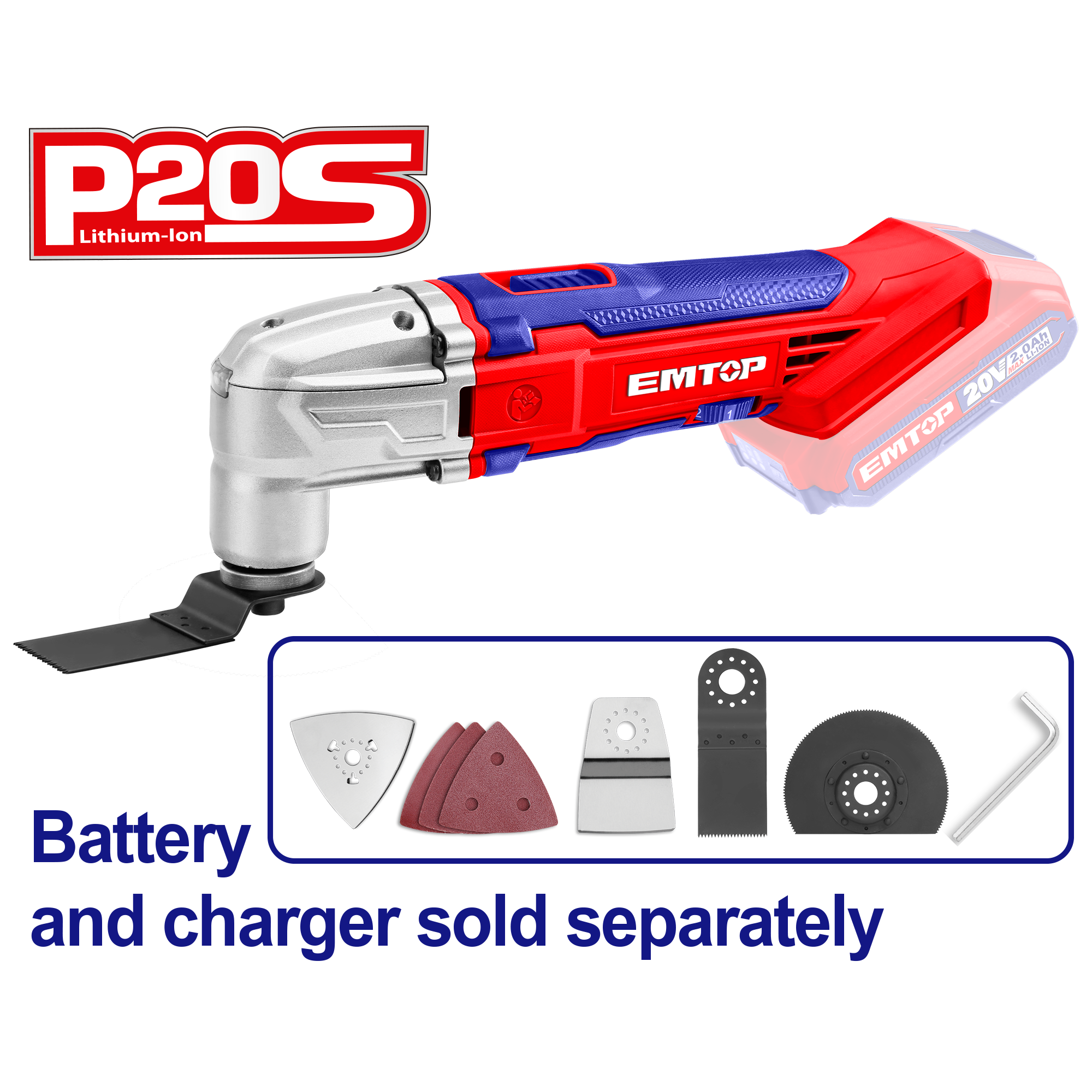 Multiherramienta inalámbrica 20V con accesorios, para trabajos de corte, pulido, lijado, raspado - EMTOP ELMF2001