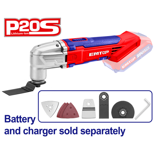 Multiherramienta inalámbrica 20V con accesorios, para trabajos de corte, pulido, lijado, raspado - EMTOP ELMF2001