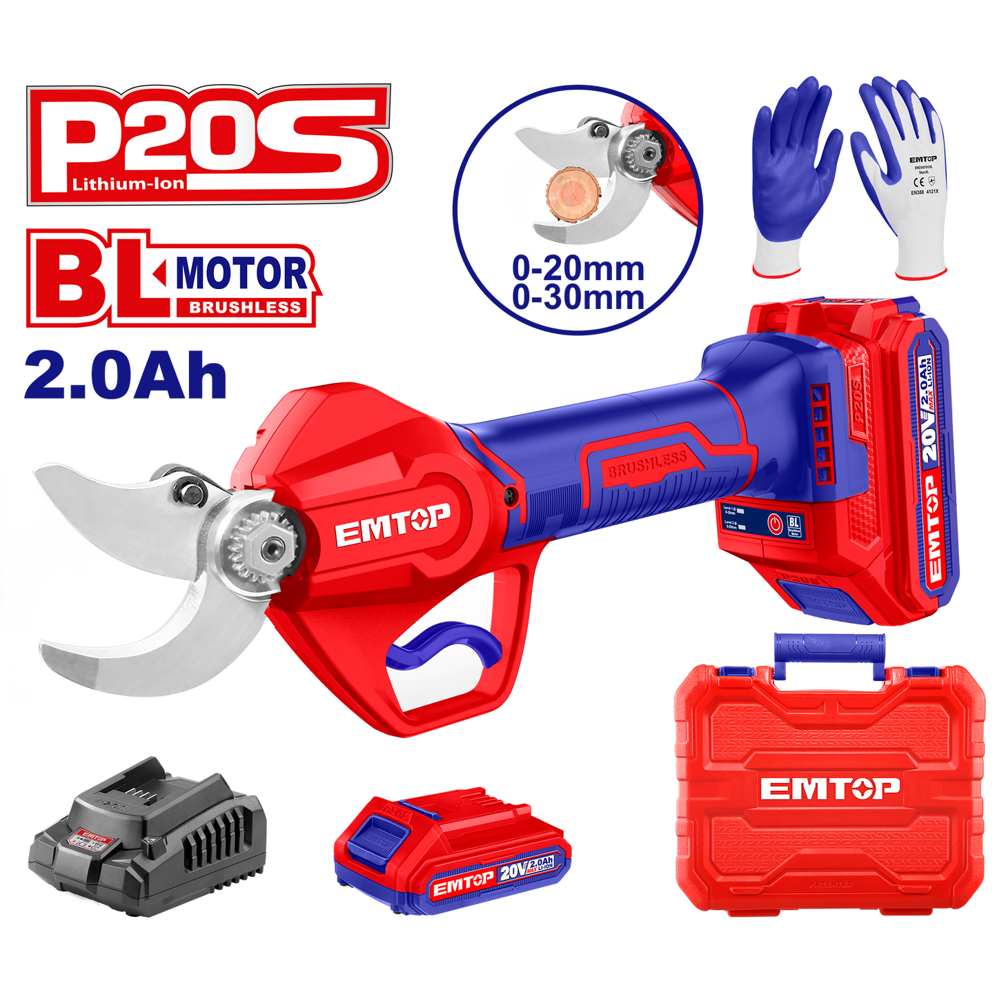 Kit tijera de poda inalámbrica 20V con batería, cargador y maletín