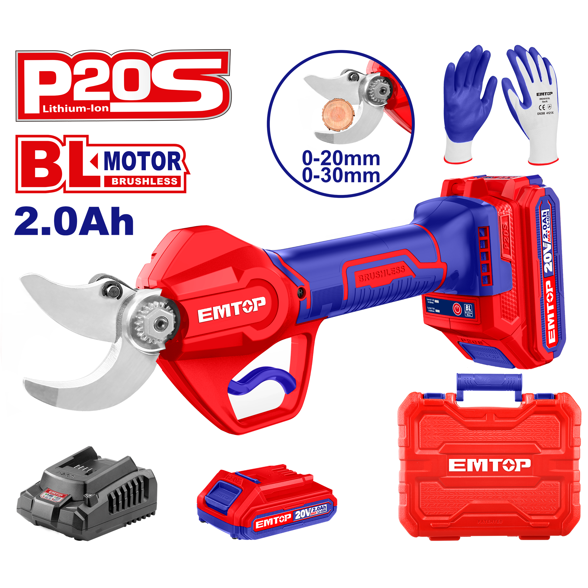 Kit tijera de poda inalámbrica 20V con batería, cargador y maletín