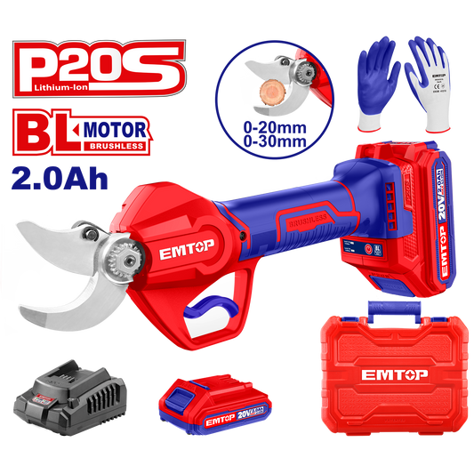 Kit tijera de poda inalámbrica 20V con batería, cargador y maletín