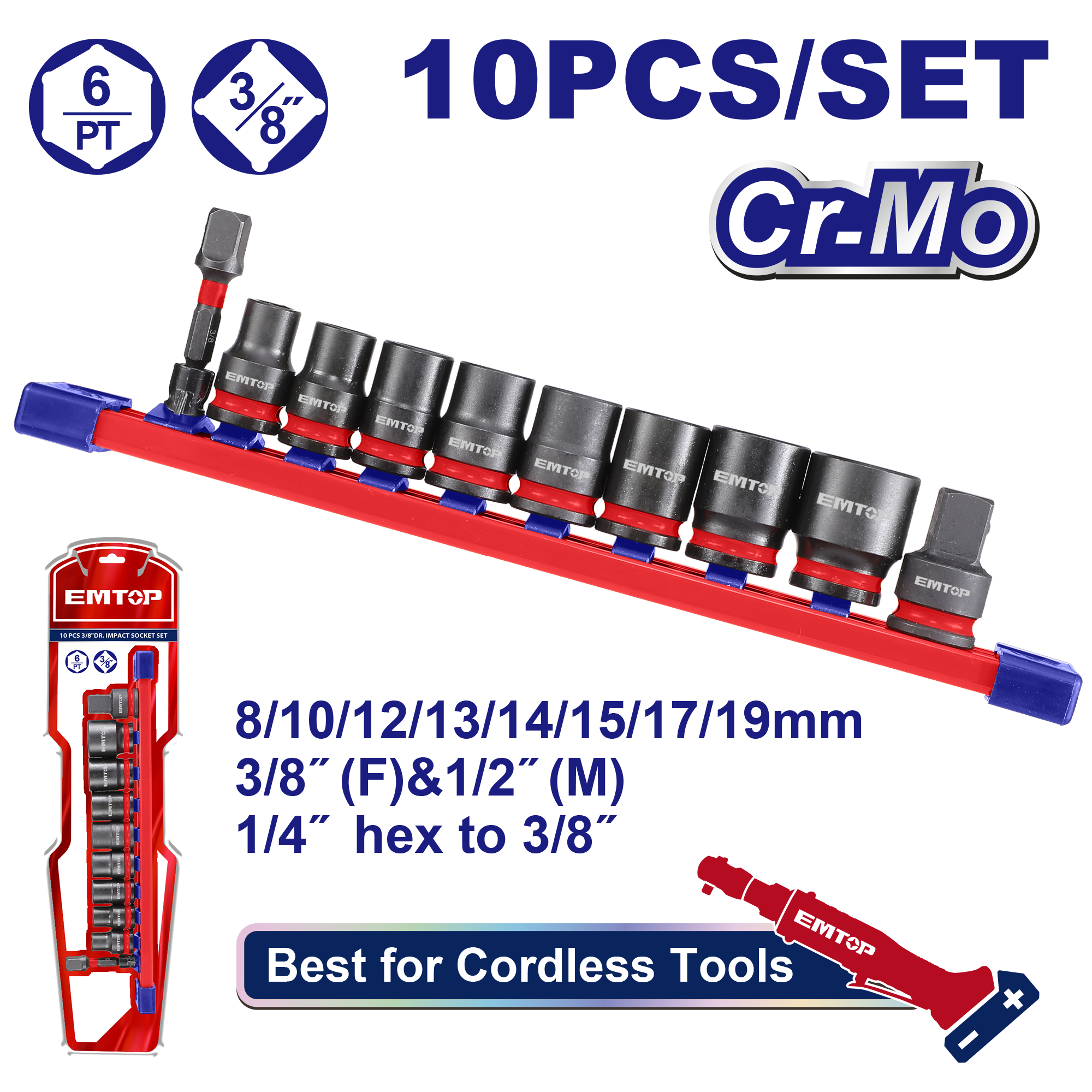 Juego de sockets dados de impacto 3/8 Emtop EMSSD38104 de 10 Piezas