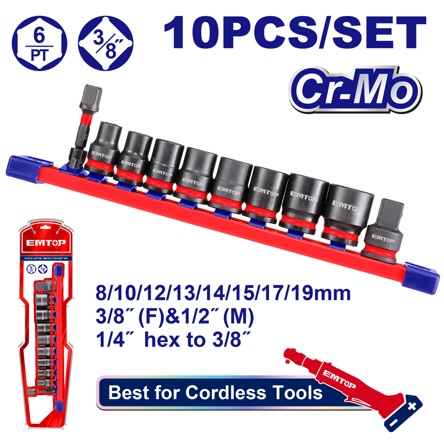 Juego de sockets dados de impacto 3/8 Emtop EMSSD38104 de 10 Piezas