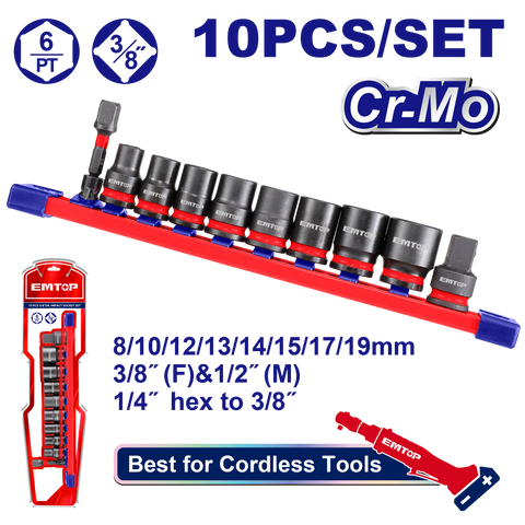 Juego de sockets dados de impacto 3/8 Emtop EMSSD38104 de 10 Piezas
