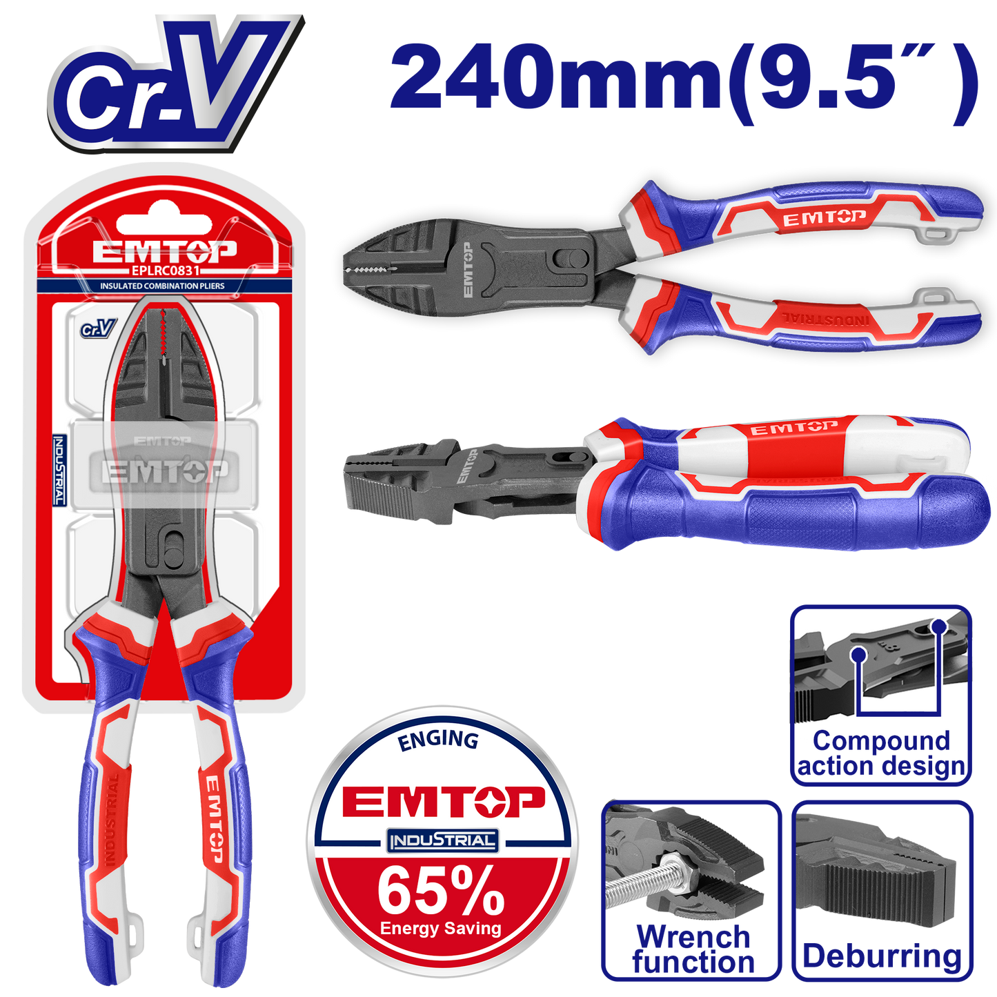 Alicate universal de 9.5” con diseño de alto apalancamiento de uso industrial Emtop EPLRCC0951