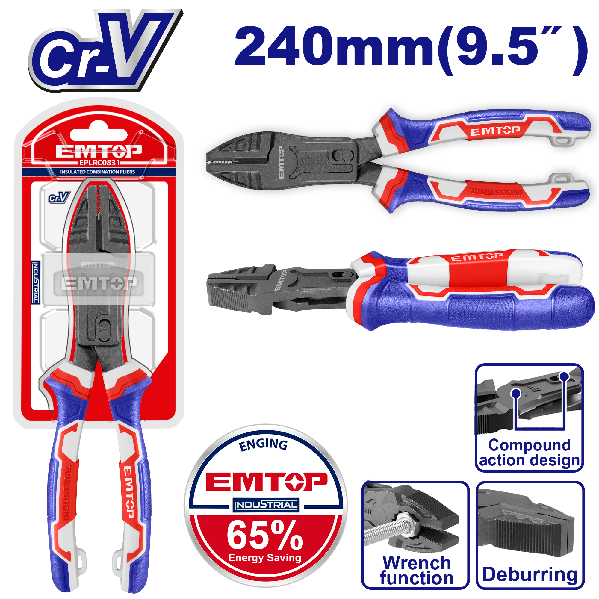 Alicate universal de 9.5” con diseño de alto apalancamiento de uso industrial Emtop EPLRCC0951