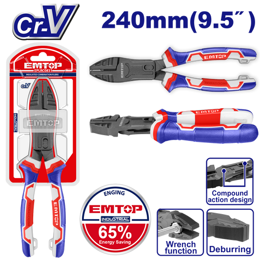Alicate universal de 9.5” con diseño de alto apalancamiento de uso industrial Emtop EPLRCC0951