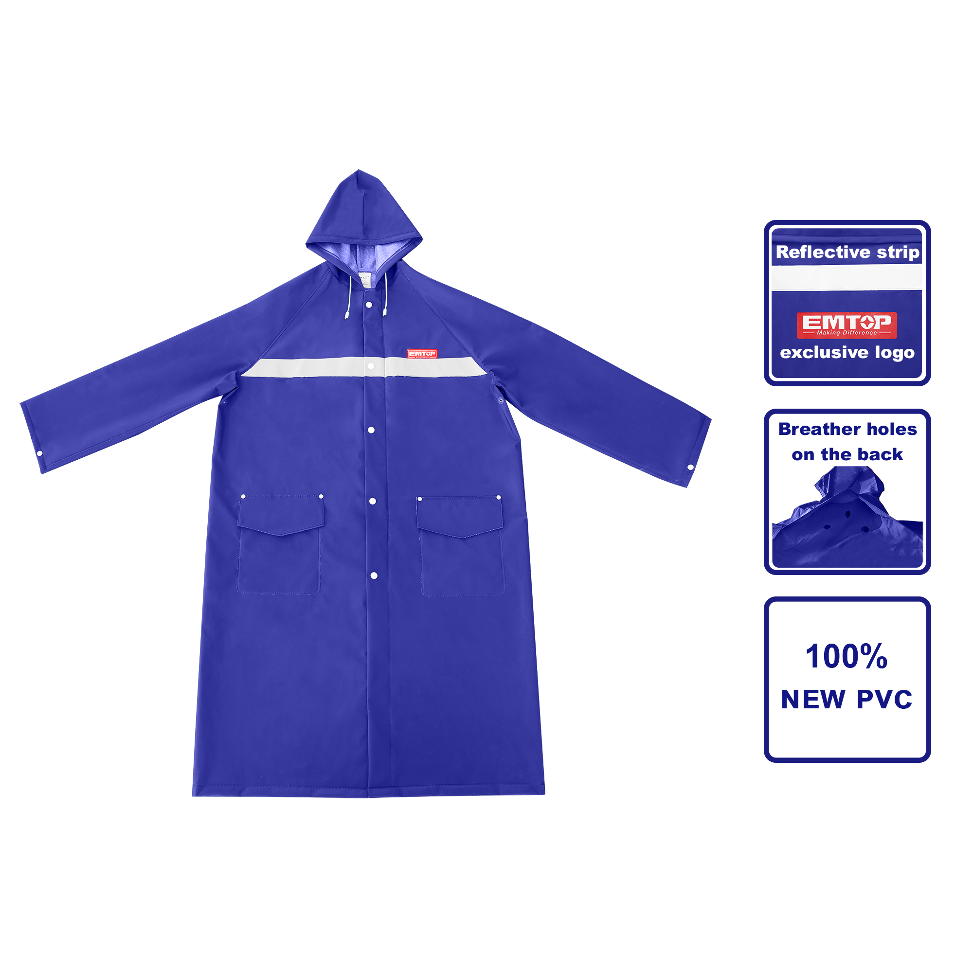 Capote para lluvia con cinta reflectiva, color azul, talla XL Emtop ERCT01XL