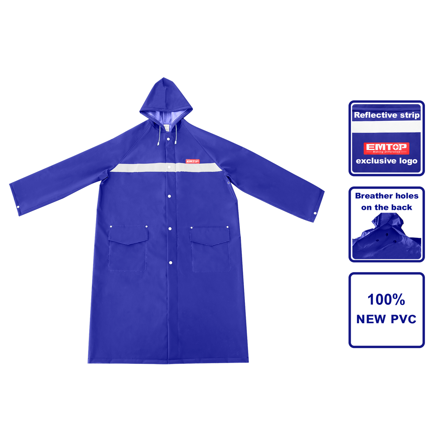 Capote para lluvia con cinta reflectiva, color azul, talla XL Emtop ERCT01XL