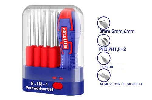 Destornillador 8 en 1 con puntas intercambiables EMTOP ESDRH0902