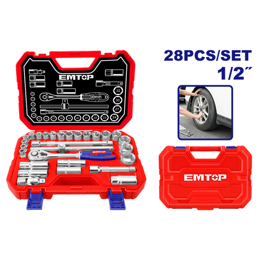 Juego de 28 piezas de dados y trinquete de 1/2”