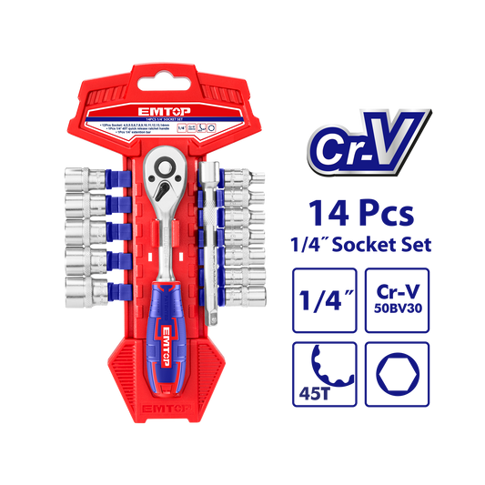 Juego de 14 piezas de dados milimétricos de 1/4” con llave de trinquete