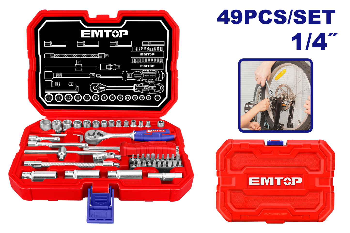 Juego de 49 piezas de dados y trinquete de 1/4” – EMTOP ESKT14491