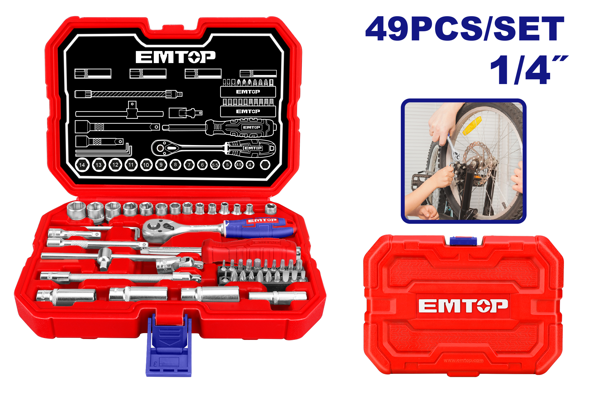 Juego de 49 piezas de dados y trinquete de 1/4” – EMTOP ESKT14491
