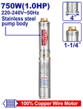 Bomba de pozo 750W 1.0HP 220VAC cuerpo de 4 pulgadas Emtop EWPPD07501
