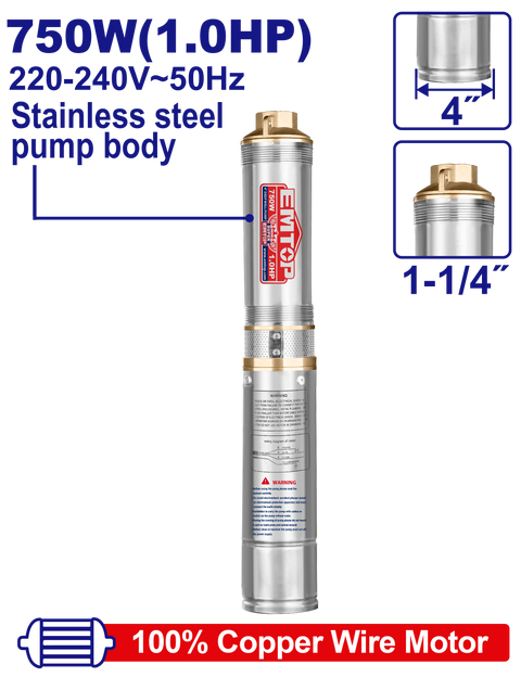 Bomba sumergible de pozo profundo Emtop EWPPD07501 de 4” 1HP 220Vac uso industrial