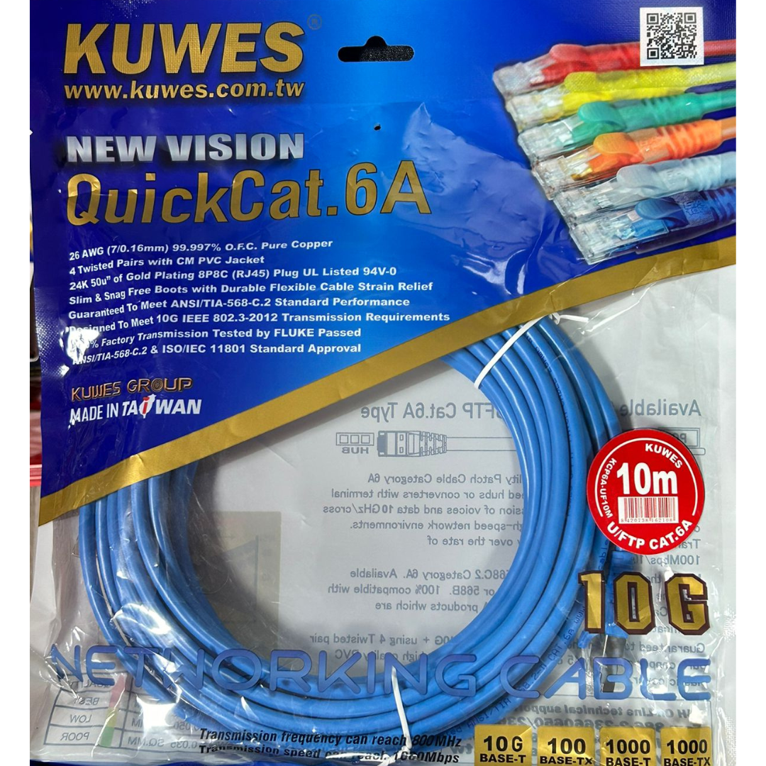Patch Cord U/FTP CAT6A azul de 10M Kuwes FC6A-10M-BL