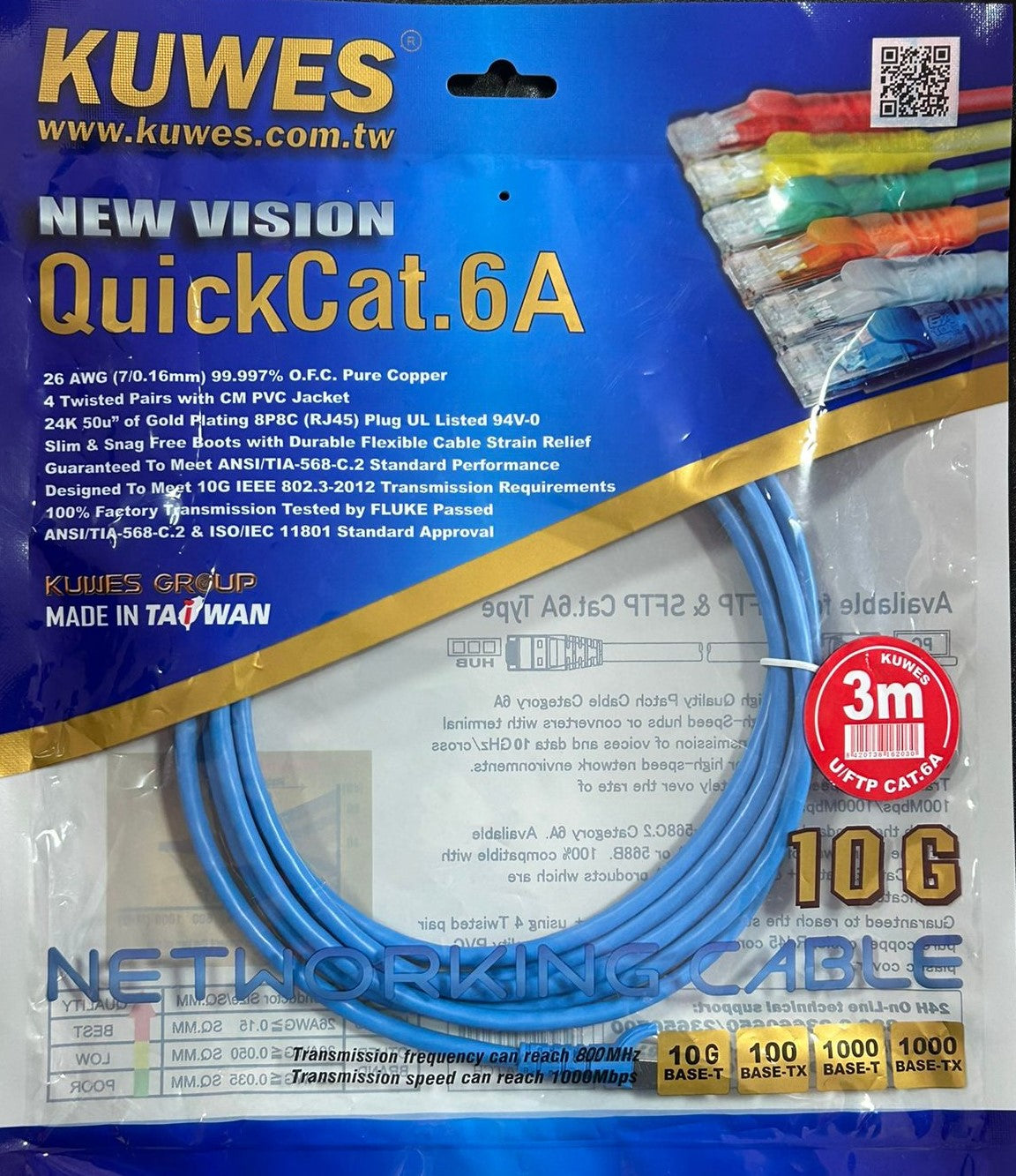 Patch Cord CAT6A U/FTP azul de 3M Kuwes FC6A-3M-BL