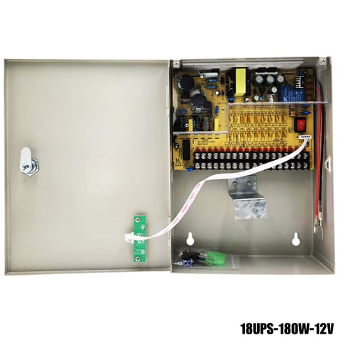 Fuente de Poder 12V 180W caja metálica con 18 canales respaldo de batería