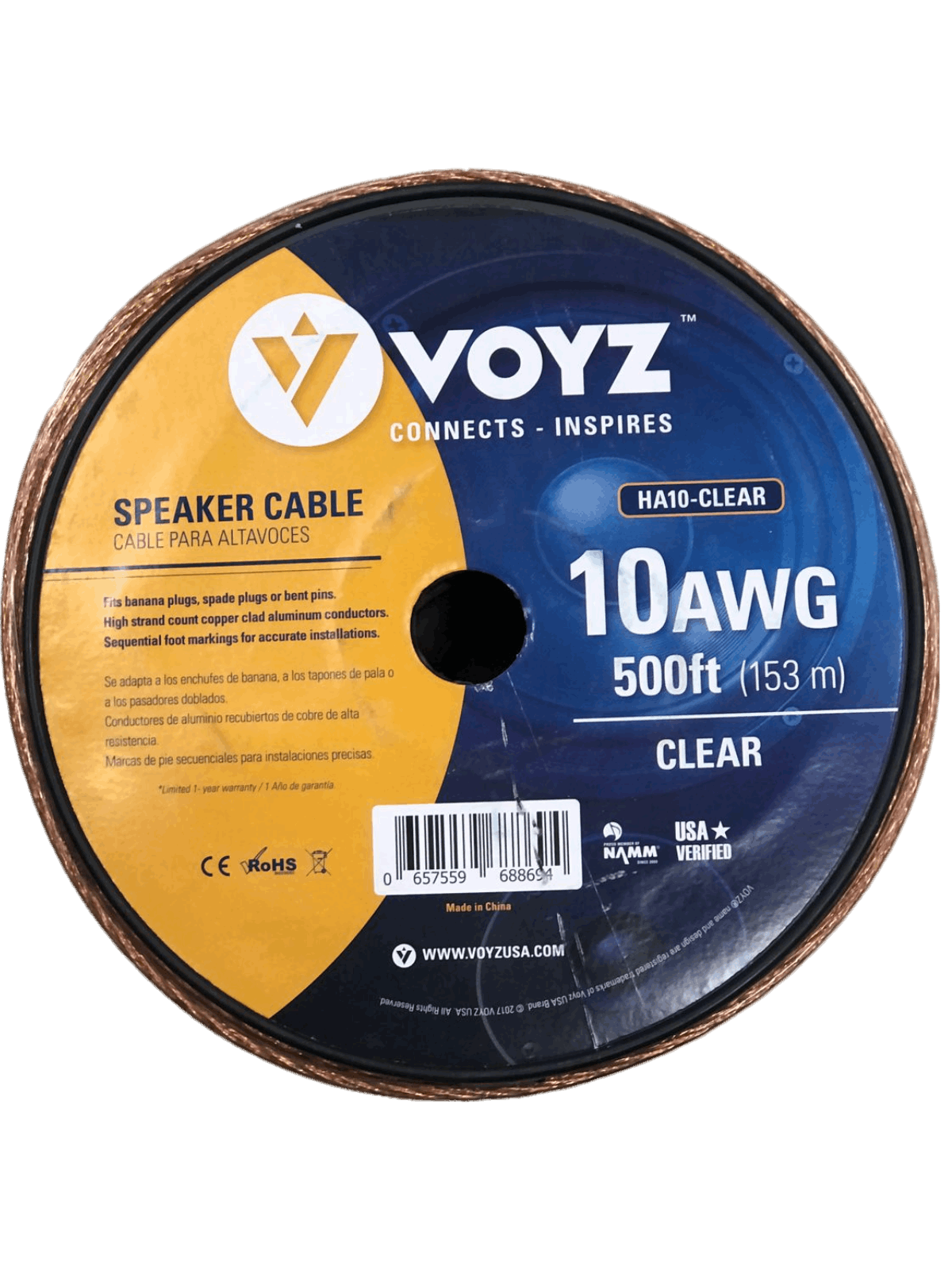 Bobina con 500 pies de cable de audio para altavoces 10AWG con chaqueta de PVC transparente libre de oxígeno – VOYZ HA10-CLEAR