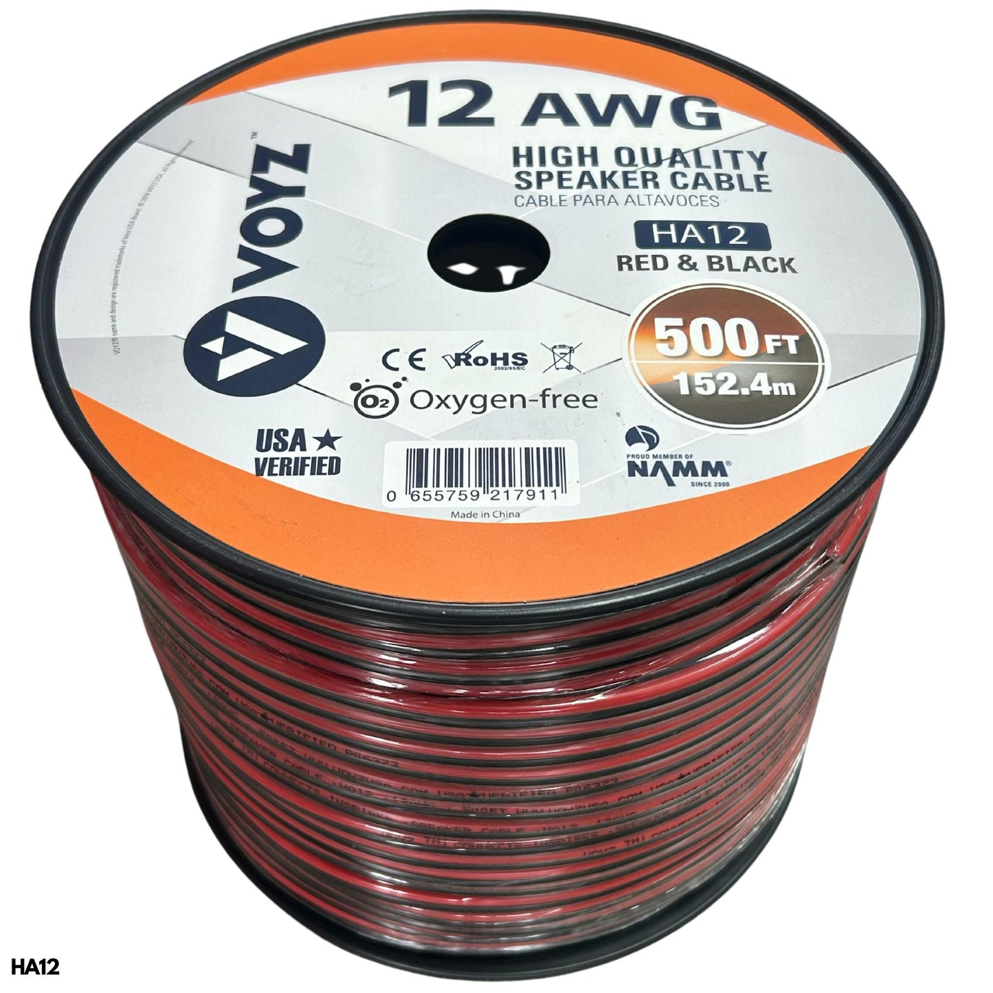 Cable para bocinas 12AWG chaqueta rojo y negro rollo con 500 pies HA12