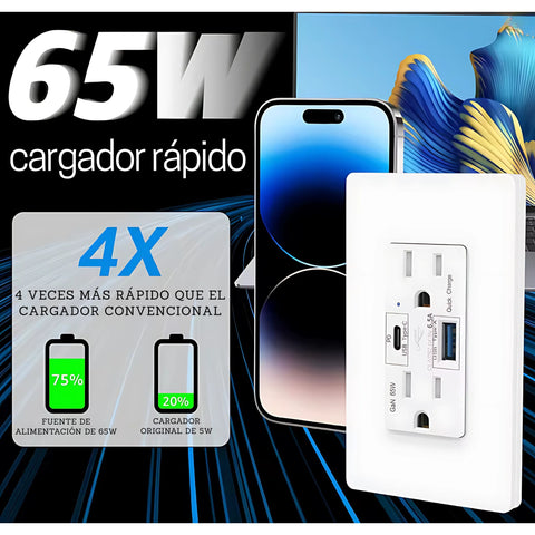 Toma corriente doble 15A con USB-C y USB-A Quick charge