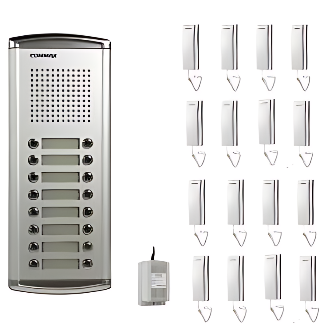 Kit de Botonera Commax DR-16AM: Botonera con 16 botones, 16 teléfonos para apartamentos y fuente de poder