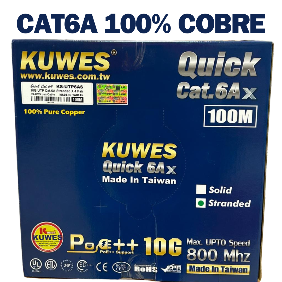 Cable CAT6A UTP soporta Poe++ 10G, 100% cobre, color azul, 100M