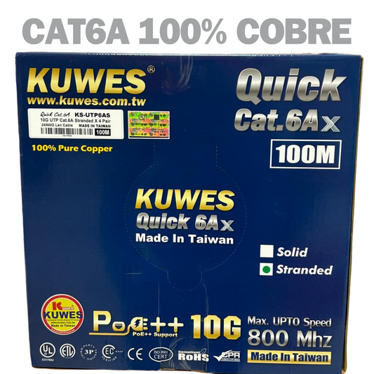 Cable CAT6A UTP soporta Poe++ 10G, 100% cobre, color gris, 100M