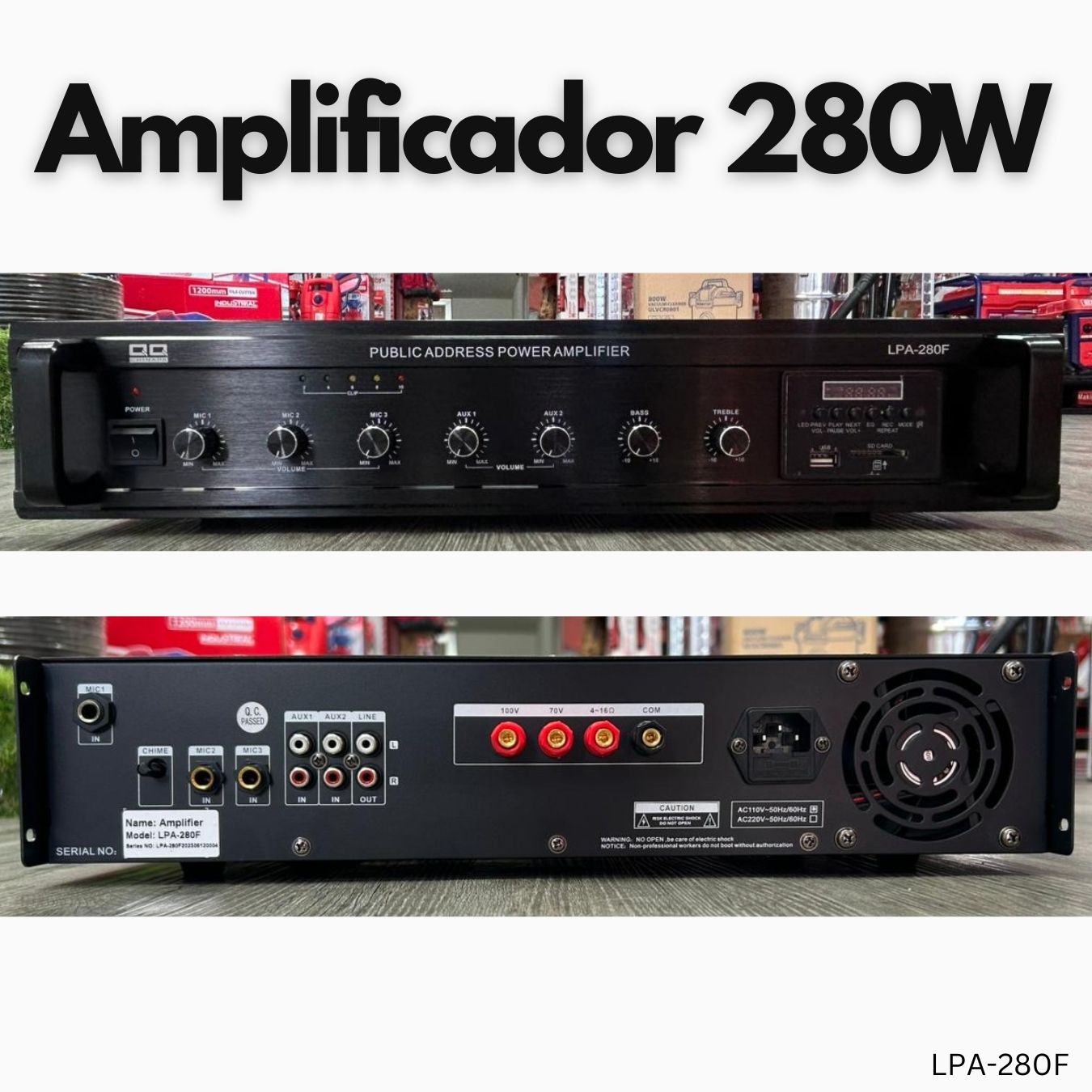 Amplificador de audio 280 Watts con Bluetooth, USB y Radio FM
