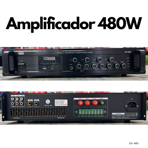 Amplificador PA de 480W, 4 zonas, USB SD FM Bluetooth