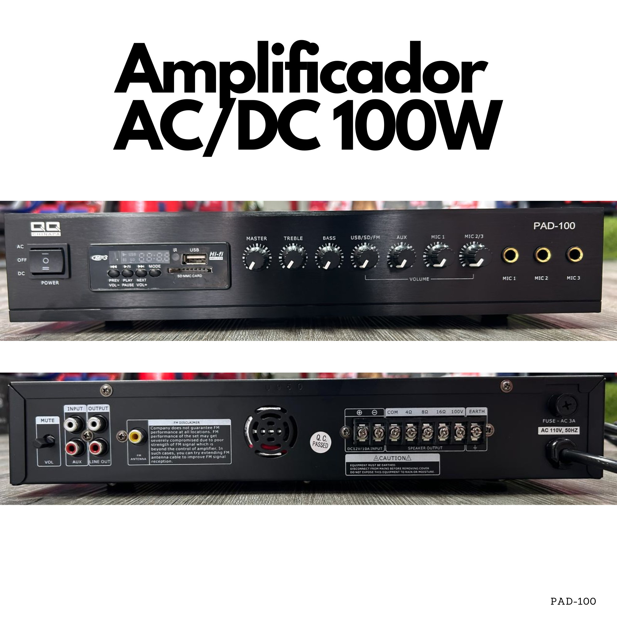 Amplificador Hi Fi AC/DC PAD-100 de 100W con USB SD FM BT