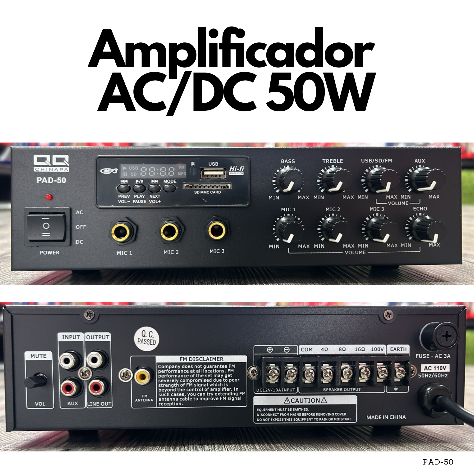 Amplificador Hi Fi AC/DC PAD-50 de 50W con USB SD FM BT