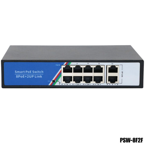 Switch PoE+ PSW-8F2F con 8 Puertos PoE (10/100) + 2 Uplink | 125W Total