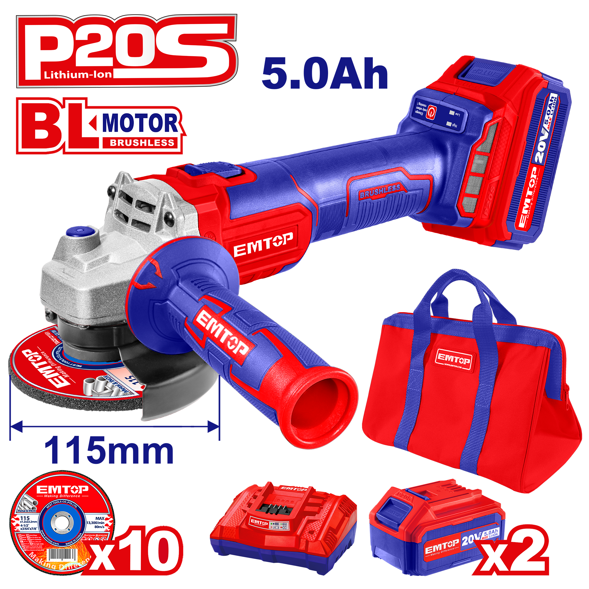 Esmeril inalámbrico 4-1/2” con 2 baterías 5.0AH cargador y maletín
