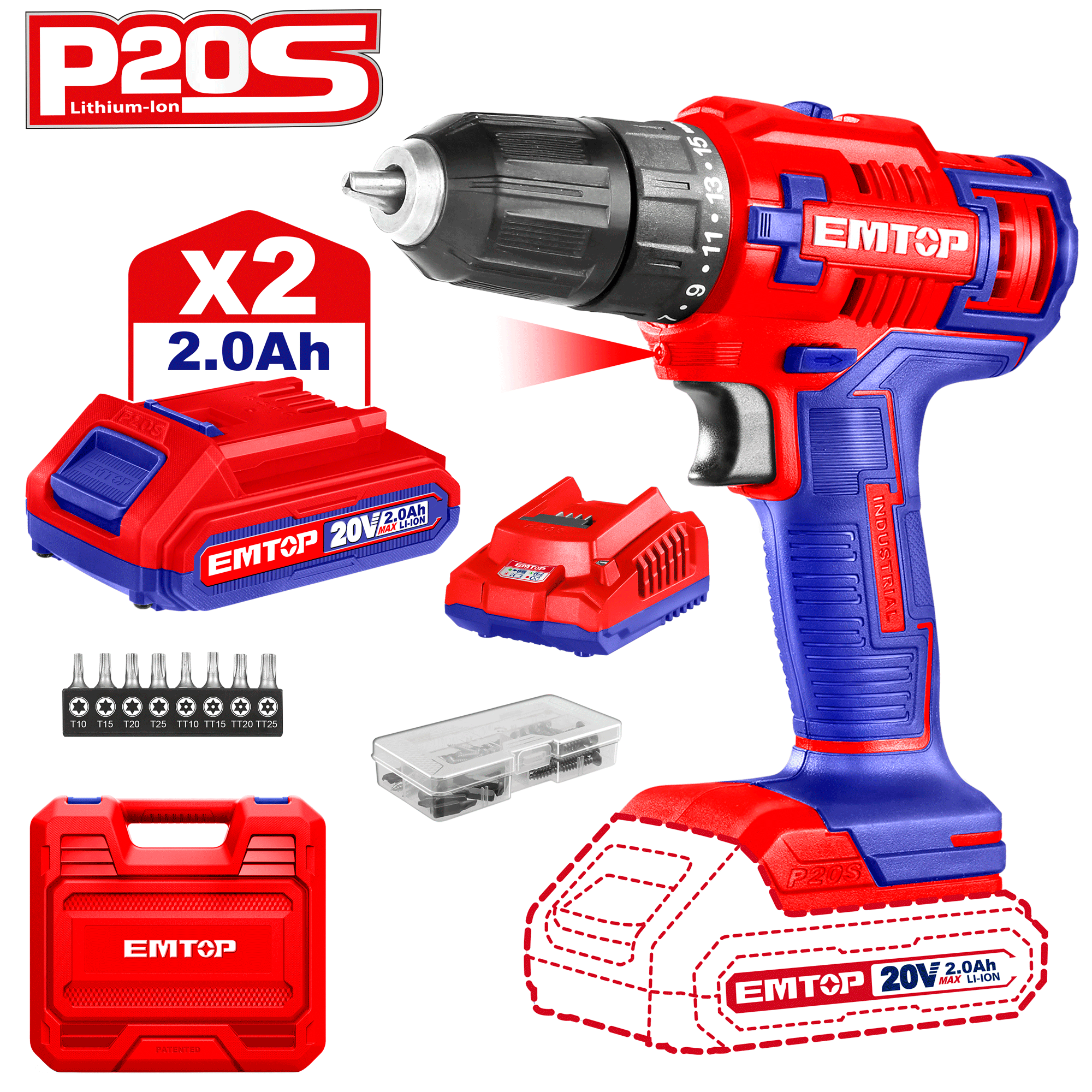 Kit de taladro inalámbrico 3/8" 45Nm con batería y cargador Emtop ULCDL200528