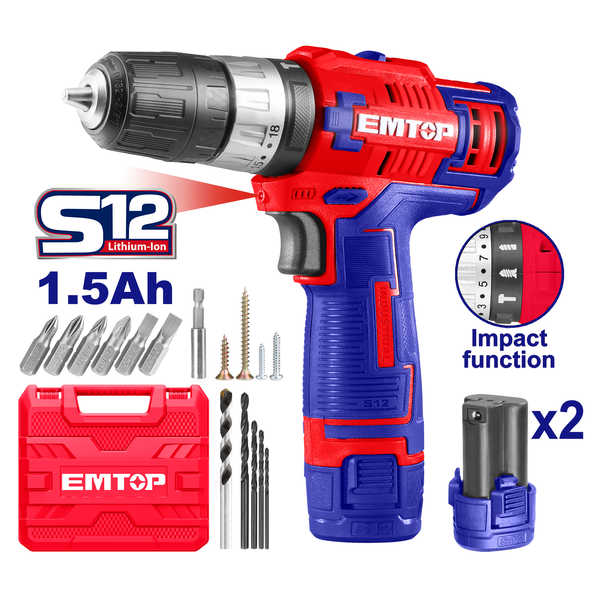 Kit de Taladro percutor 12V con 2 baterías cargador maletín y accesorios