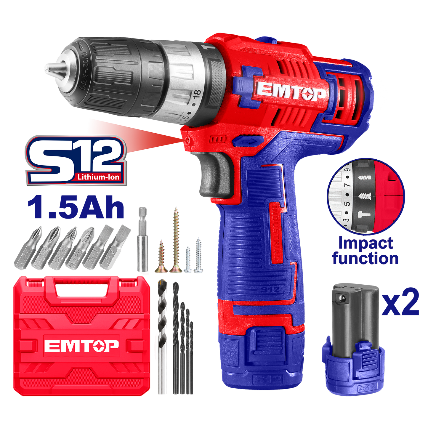 Kit de Taladro percutor 12V con 2 baterías cargador maletín y accesorios