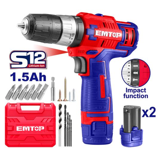 Kit de Taladro percutor 12V con 2 baterías cargador maletín y accesorios